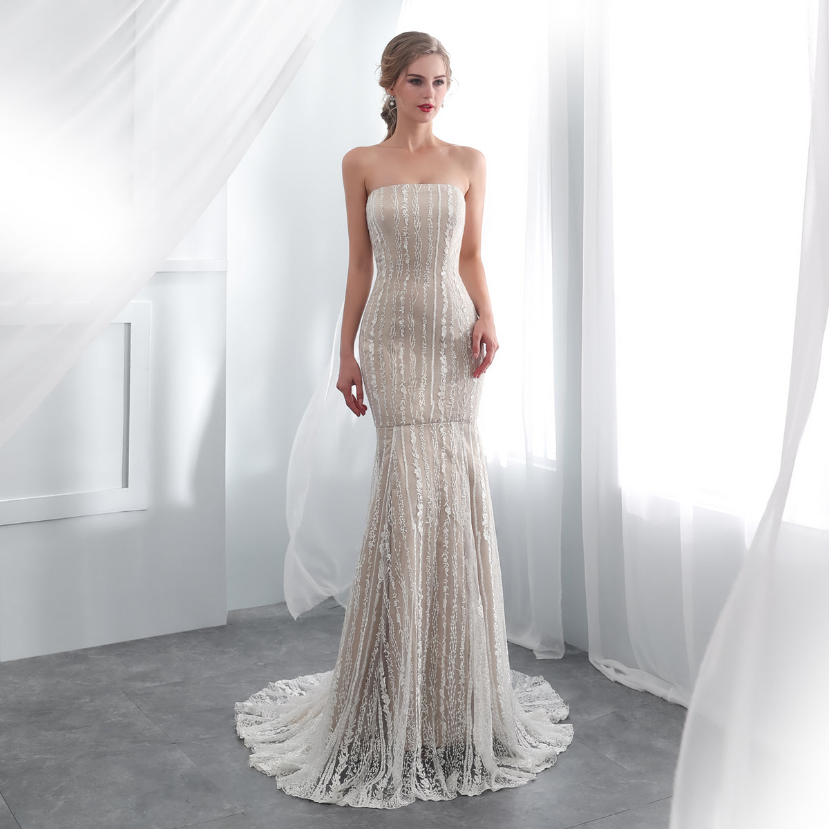 7-Day Dispatch Strapless Straight Neck Vertical Beaded Lace Mermaid Wedding Dress Illusion Tulle Lace-up Corset Back Sweeping Train Gown