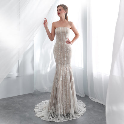 7-Day Dispatch Strapless Straight Neck Vertical Beaded Lace Mermaid Wedding Dress Illusion Tulle Lace-up Corset Back Sweeping Train Gown