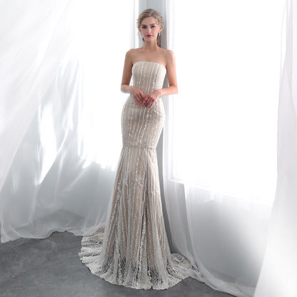 7-Day Dispatch Strapless Straight Neck Vertical Beaded Lace Mermaid Wedding Dress Illusion Tulle Lace-up Corset Back Sweeping Train Gown