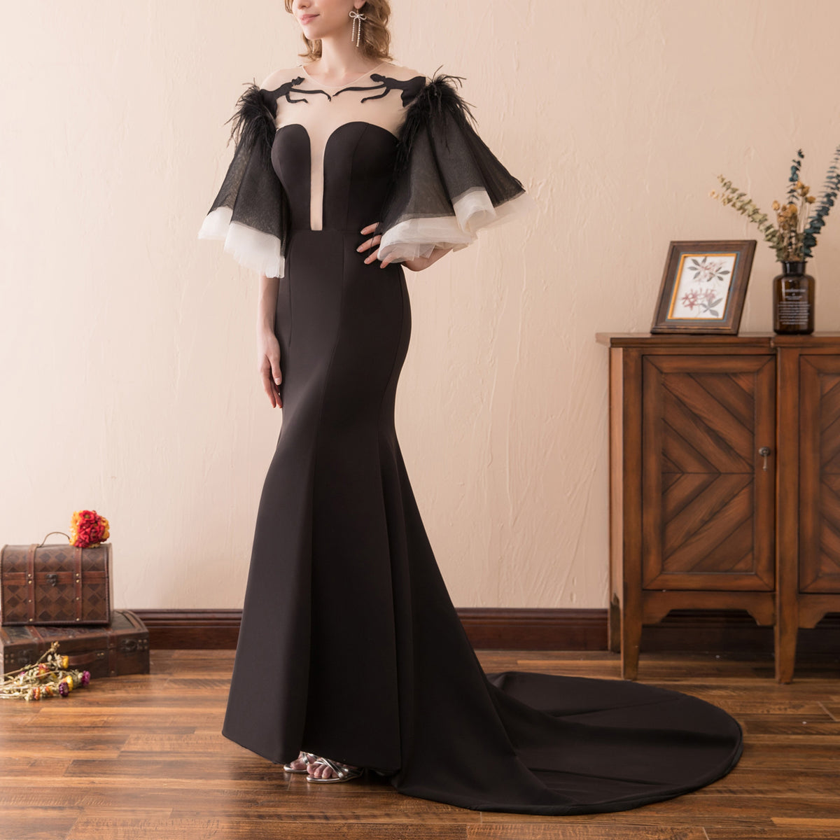7-Day Dispatch Strapless Sweetheart Black Feather Sleeve Mermaid Evening Gown Sheer Embroidered Deep V-Back Formal Dress