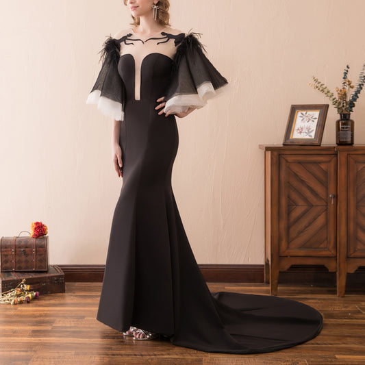 7-Day Dispatch Strapless Sweetheart Black Feather Sleeve Mermaid Evening Gown Sheer Embroidered Deep V-Back Formal Dress