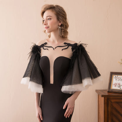 7-Day Dispatch Strapless Sweetheart Black Feather Sleeve Mermaid Evening Gown Sheer Embroidered Deep V-Back Formal Dress