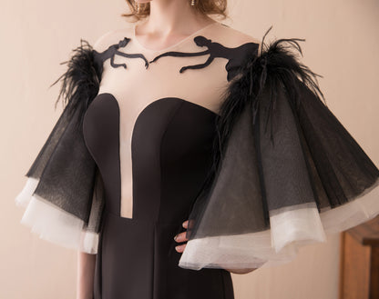 7-Day Dispatch Strapless Sweetheart Black Feather Sleeve Mermaid Evening Gown Sheer Embroidered Deep V-Back Formal Dress