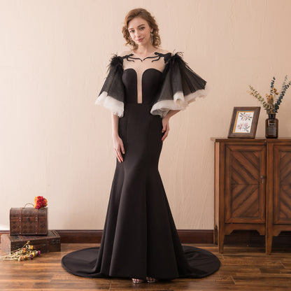 7-Day Dispatch Strapless Sweetheart Black Feather Sleeve Mermaid Evening Gown Sheer Embroidered Deep V-Back Formal Dress