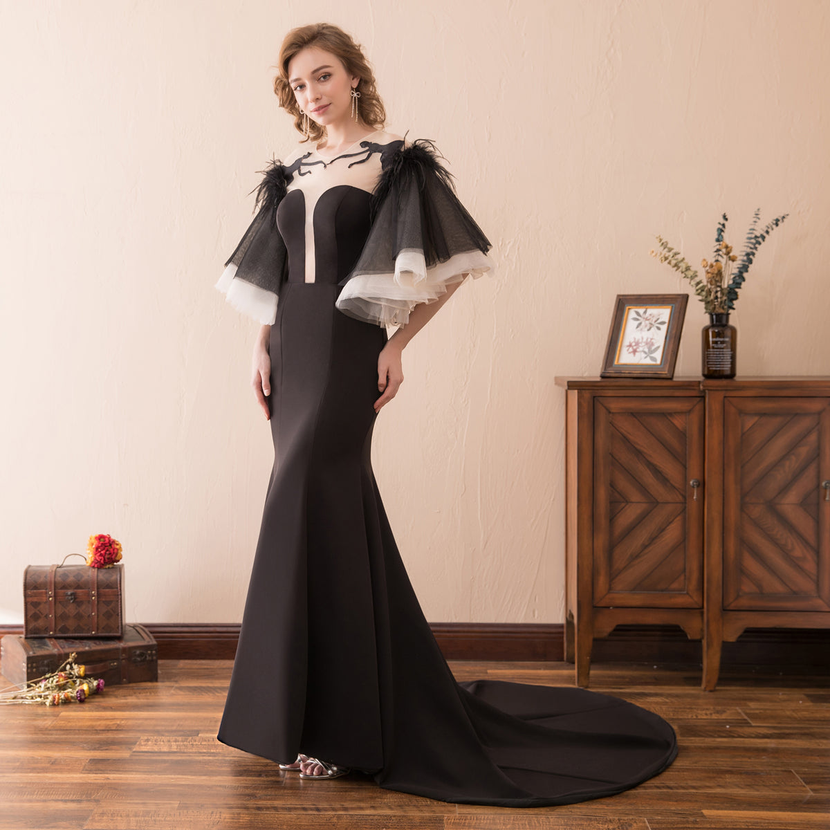 7-Day Dispatch Strapless Sweetheart Black Feather Sleeve Mermaid Evening Gown Sheer Embroidered Deep V-Back Formal Dress