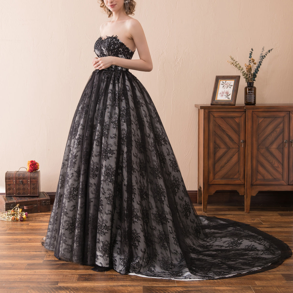 7-Day Dispatch Strapless Sweetheart Black Lace Tulle Ball Gown Lace-up Back Prom Dress