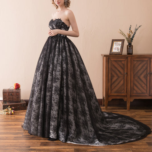 7-Day Dispatch Strapless Sweetheart Black Lace Tulle Ball Gown Lace-up Back Prom Dress