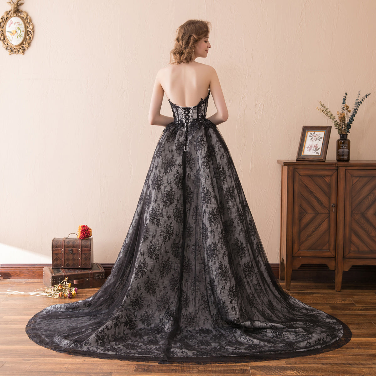 7-Day Dispatch Strapless Sweetheart Black Lace Tulle Ball Gown Lace-up Back Prom Dress
