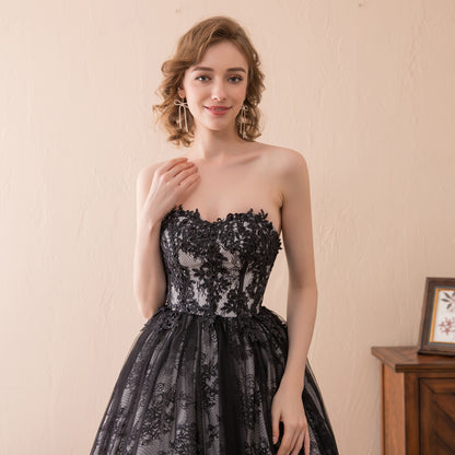 7-Day Dispatch Strapless Sweetheart Black Lace Tulle Ball Gown Lace-up Back Prom Dress