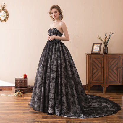 7-Day Dispatch Strapless Sweetheart Black Lace Tulle Ball Gown Lace-up Back Prom Dress