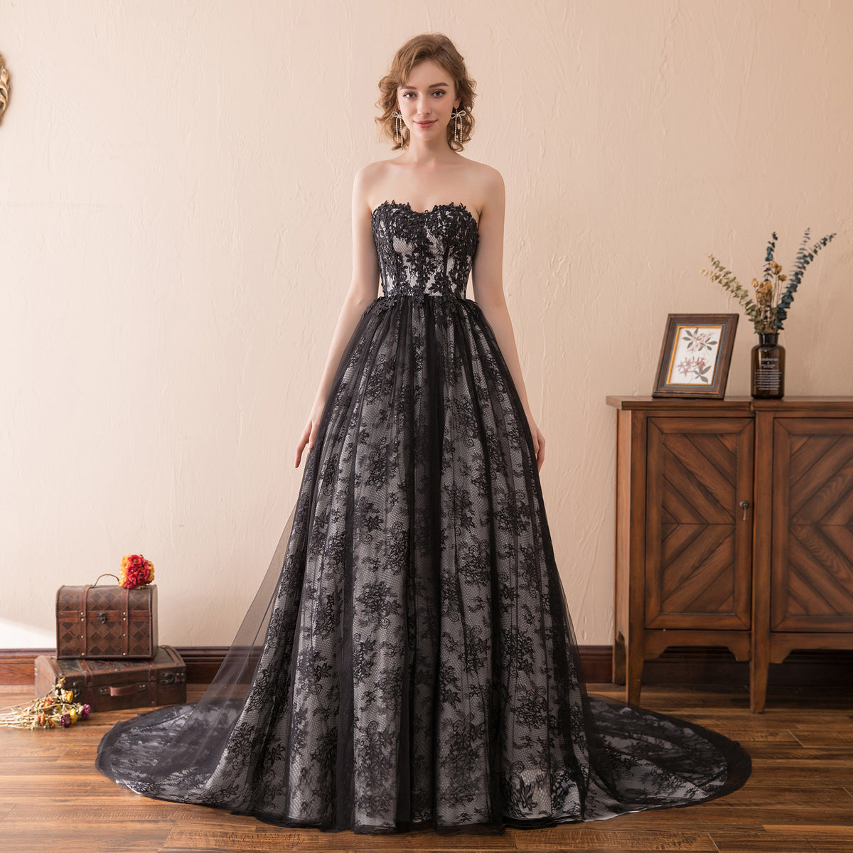 7-Day Dispatch Strapless Sweetheart Black Lace Tulle Ball Gown Lace-up Back Prom Dress