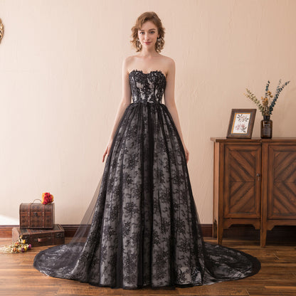 7-Day Dispatch Strapless Sweetheart Black Lace Tulle Ball Gown Lace-up Back Prom Dress