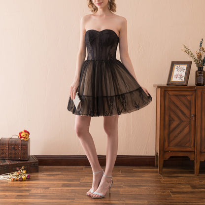 7-Day Dispatch Strapless Sweetheart Black Lace Tulle Short Cocktail Dress Corset Back Mini Prom Gown