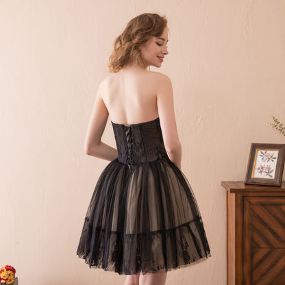 7-Day Dispatch Strapless Sweetheart Black Lace Tulle Short Cocktail Dress Corset Back Mini Prom Gown