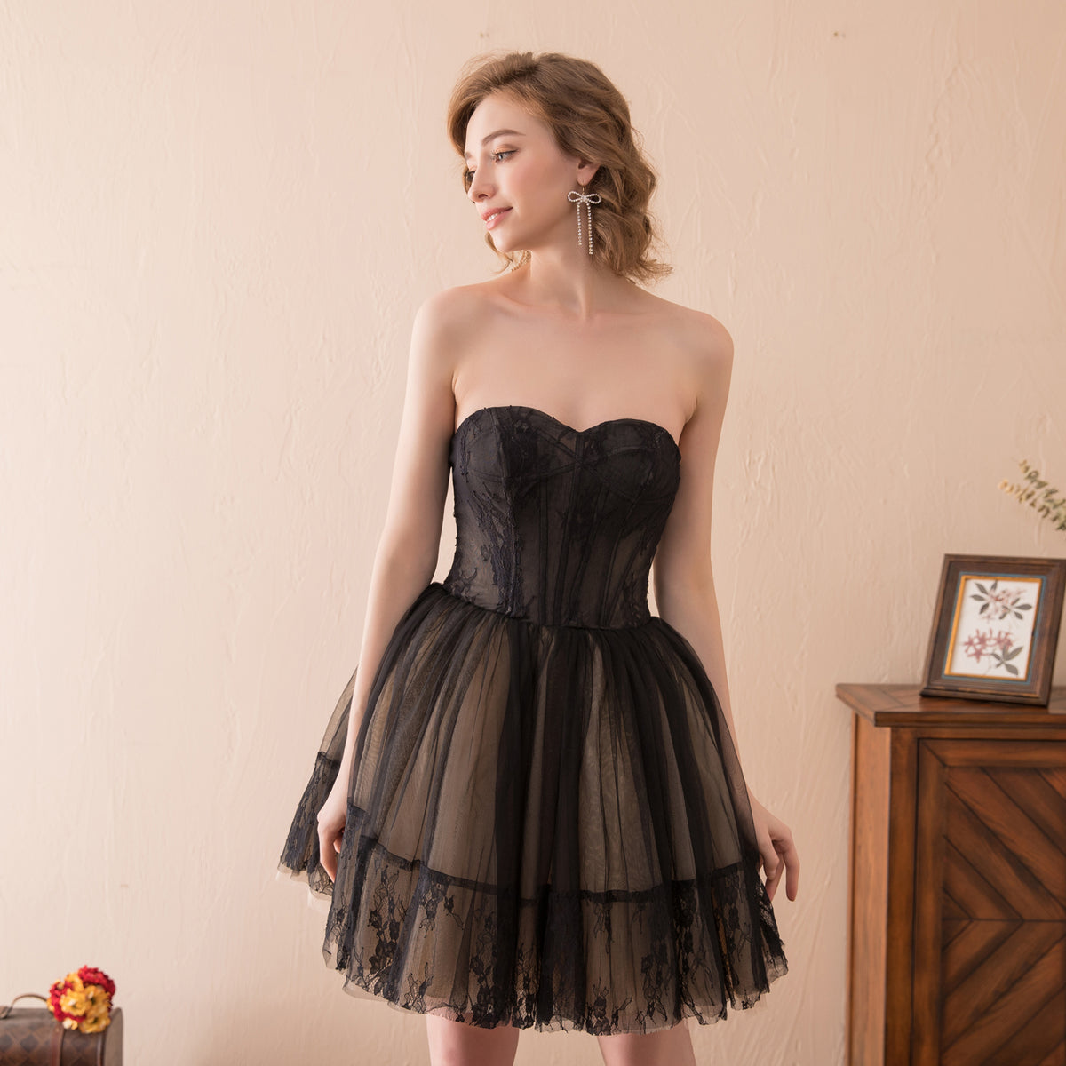 7-Day Dispatch Strapless Sweetheart Black Lace Tulle Short Cocktail Dress Corset Back Mini Prom Gown