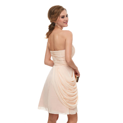 7-Day Dispatch Strapless Sweetheart Champagne Chiffon A-Line Short Cocktail Dress Ruched Bodice Draped Skirt Party Gown