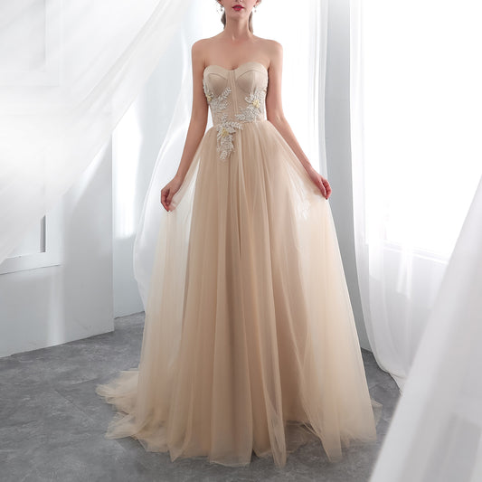 7-Day Dispatch Strapless Sweetheart Champagne Tulle A-Line Gown Floral Beaded Applique Lace-up Back Prom Dress