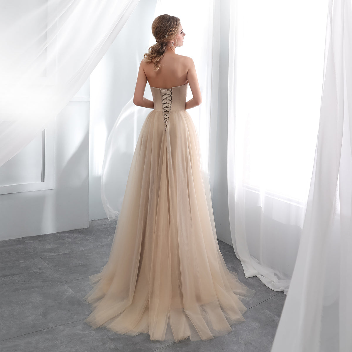 7-Day Dispatch Strapless Sweetheart Champagne Tulle A-Line Gown Floral Beaded Applique Lace-up Back Prom Dress