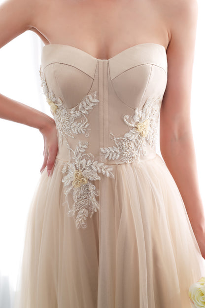7-Day Dispatch Strapless Sweetheart Champagne Tulle A-Line Gown Floral Beaded Applique Lace-up Back Prom Dress
