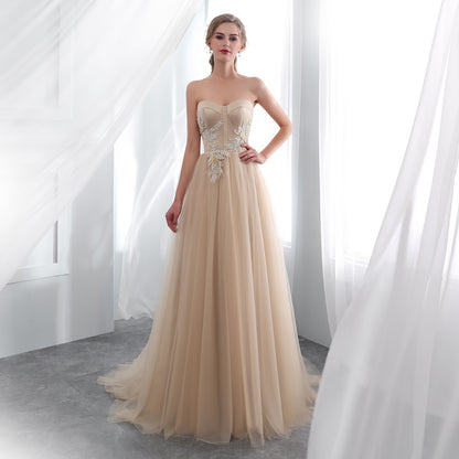 7-Day Dispatch Strapless Sweetheart Champagne Tulle A-Line Gown Floral Beaded Applique Lace-up Back Prom Dress
