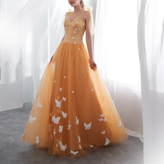 7-Day Dispatch Strapless Sweetheart Golden Yellow Tulle Ball Gown 3D Butterfly Appliques Floral Beaded Bodice Lace-up Back Prom Dress