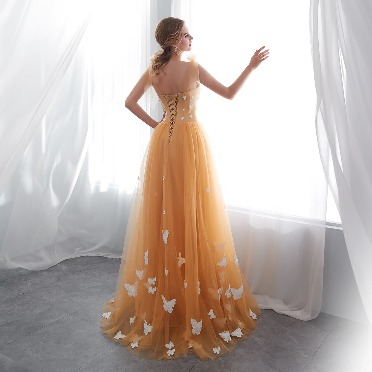 7-Day Dispatch Strapless Sweetheart Golden Yellow Tulle Ball Gown 3D Butterfly Appliques Floral Beaded Bodice Lace-up Back Prom Dress