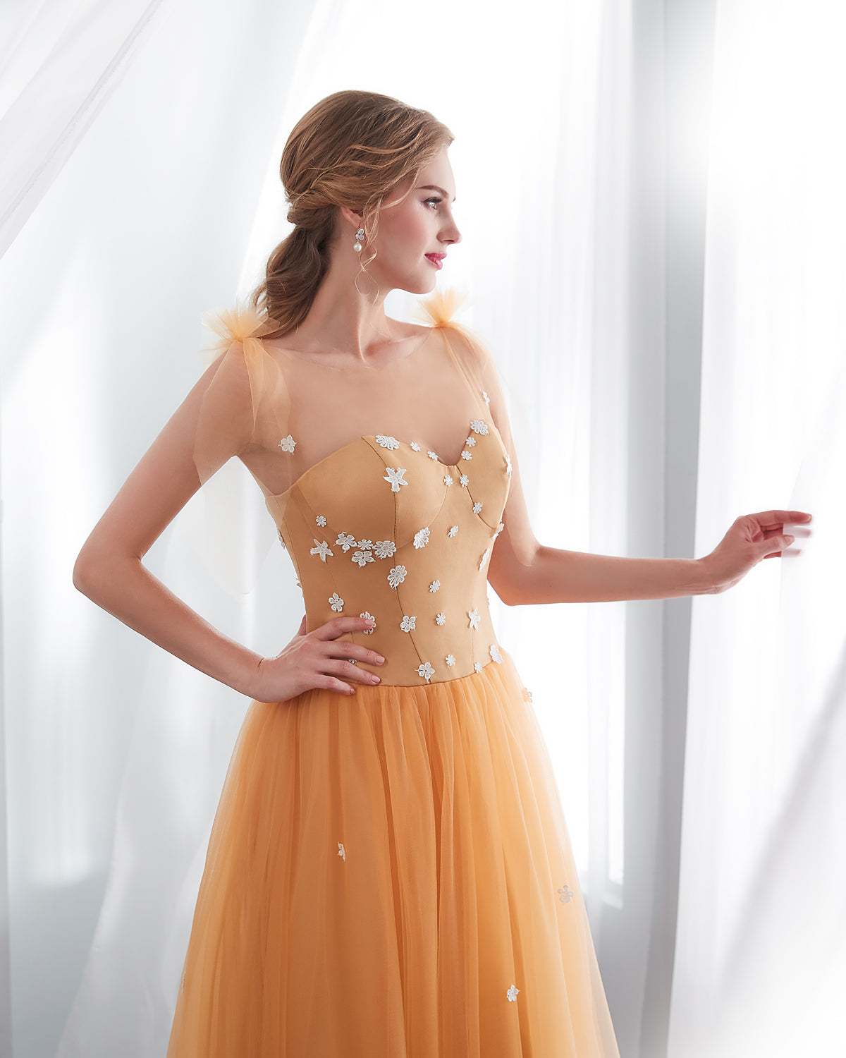 7-Day Dispatch Strapless Sweetheart Golden Yellow Tulle Ball Gown 3D Butterfly Appliques Floral Beaded Bodice Lace-up Back Prom Dress