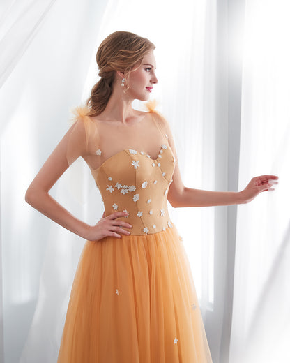 7-Day Dispatch Strapless Sweetheart Golden Yellow Tulle Ball Gown 3D Butterfly Appliques Floral Beaded Bodice Lace-up Back Prom Dress
