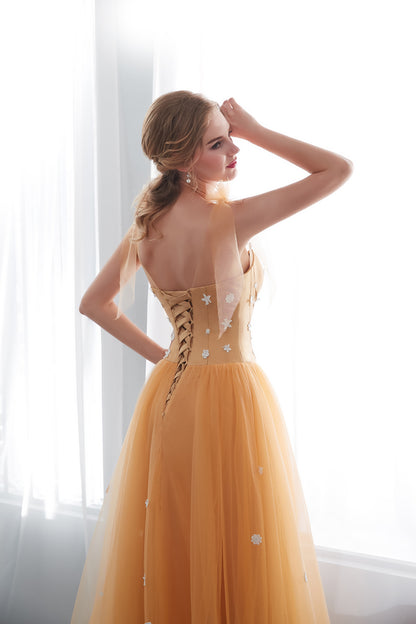 7-Day Dispatch Strapless Sweetheart Golden Yellow Tulle Ball Gown 3D Butterfly Appliques Floral Beaded Bodice Lace-up Back Prom Dress