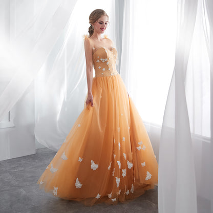 7-Day Dispatch Strapless Sweetheart Golden Yellow Tulle Ball Gown 3D Butterfly Appliques Floral Beaded Bodice Lace-up Back Prom Dress