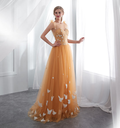 7-Day Dispatch Strapless Sweetheart Golden Yellow Tulle Ball Gown 3D Butterfly Appliques Floral Beaded Bodice Lace-up Back Prom Dress