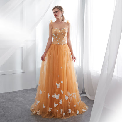 7-Day Dispatch Strapless Sweetheart Golden Yellow Tulle Ball Gown 3D Butterfly Appliques Floral Beaded Bodice Lace-up Back Prom Dress