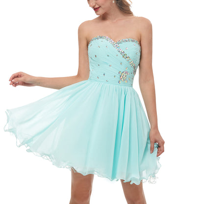 7-Day Dispatch Strapless Sweetheart Mint Green Chiffon Short Cocktail Dress Beaded Ruched Bodice A-Line Party Gown