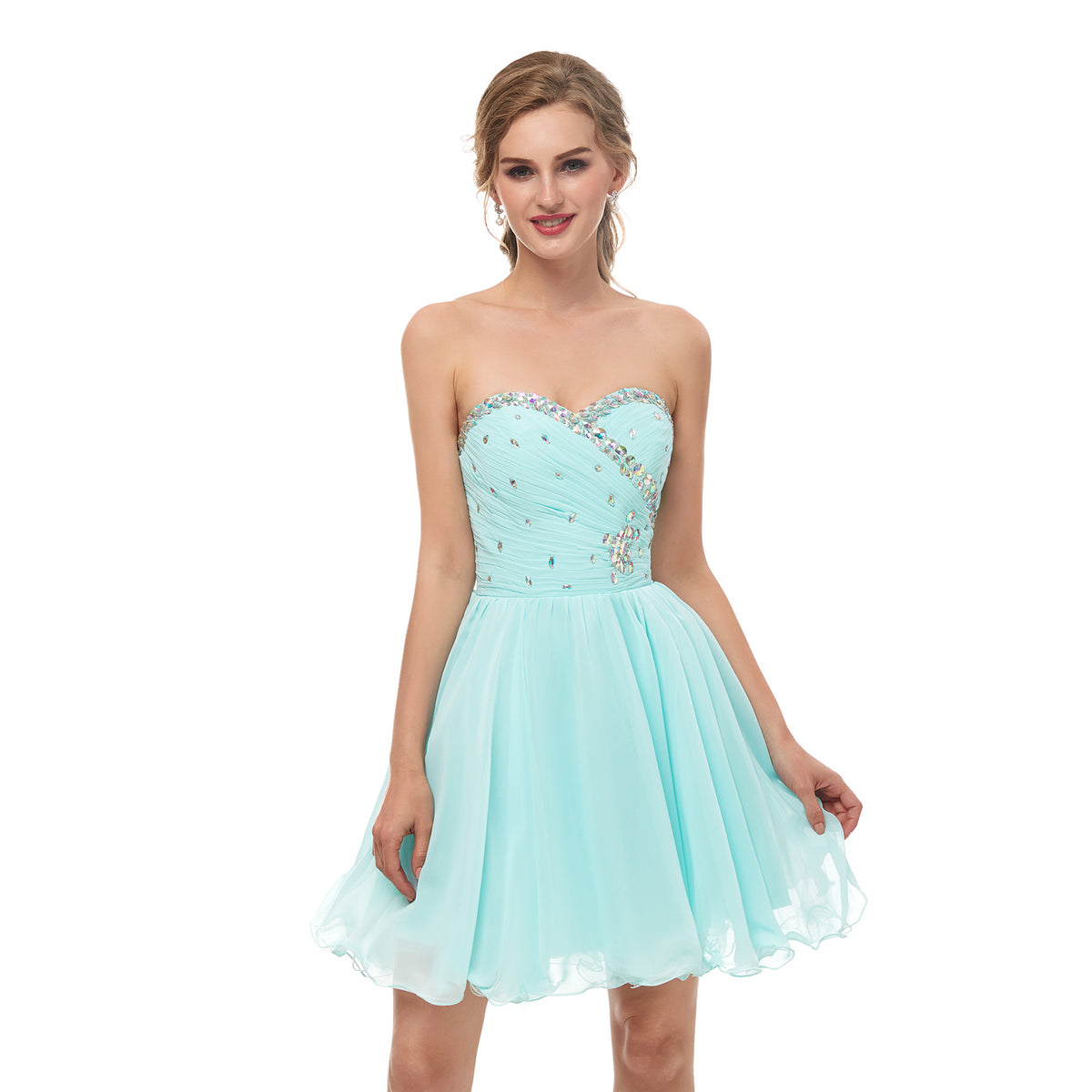 7-Day Dispatch Strapless Sweetheart Mint Green Chiffon Short Cocktail Dress Beaded Ruched Bodice A-Line Party Gown
