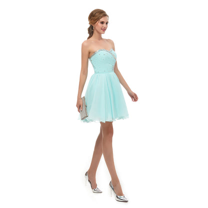 7-Day Dispatch Strapless Sweetheart Mint Green Chiffon Short Cocktail Dress Beaded Ruched Bodice A-Line Party Gown
