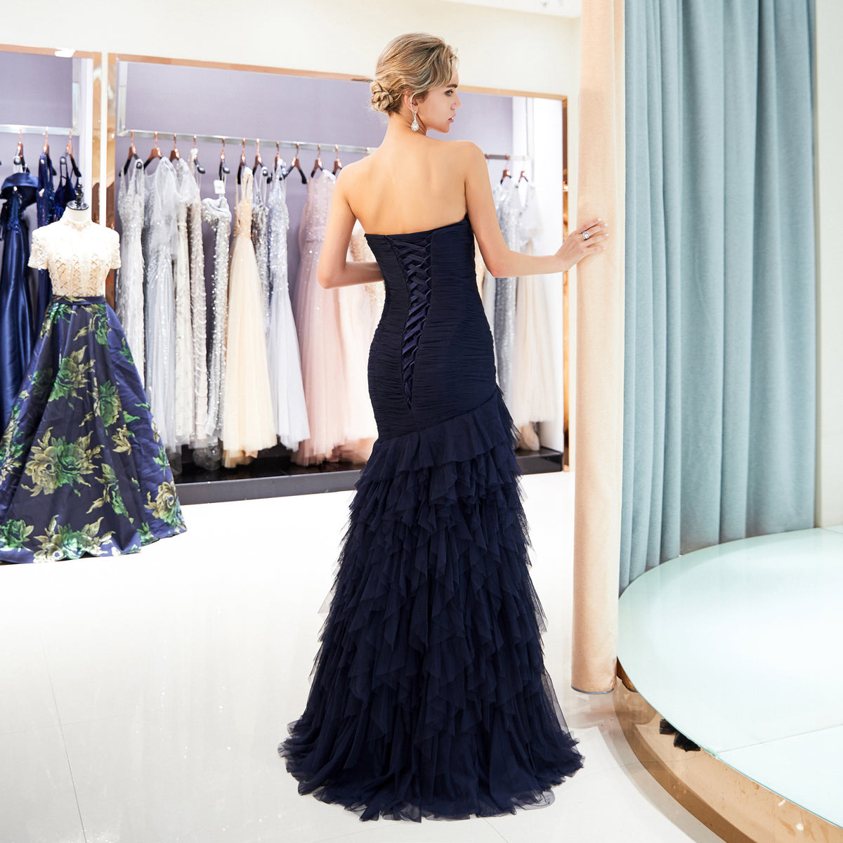 7-Day Dispatch Strapless Sweetheart Navy Blue Layered Tulle Mermaid Gown Ruched Bodice Lace-up Back Prom Dress