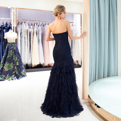 7-Day Dispatch Strapless Sweetheart Navy Blue Layered Tulle Mermaid Gown Ruched Bodice Lace-up Back Prom Dress