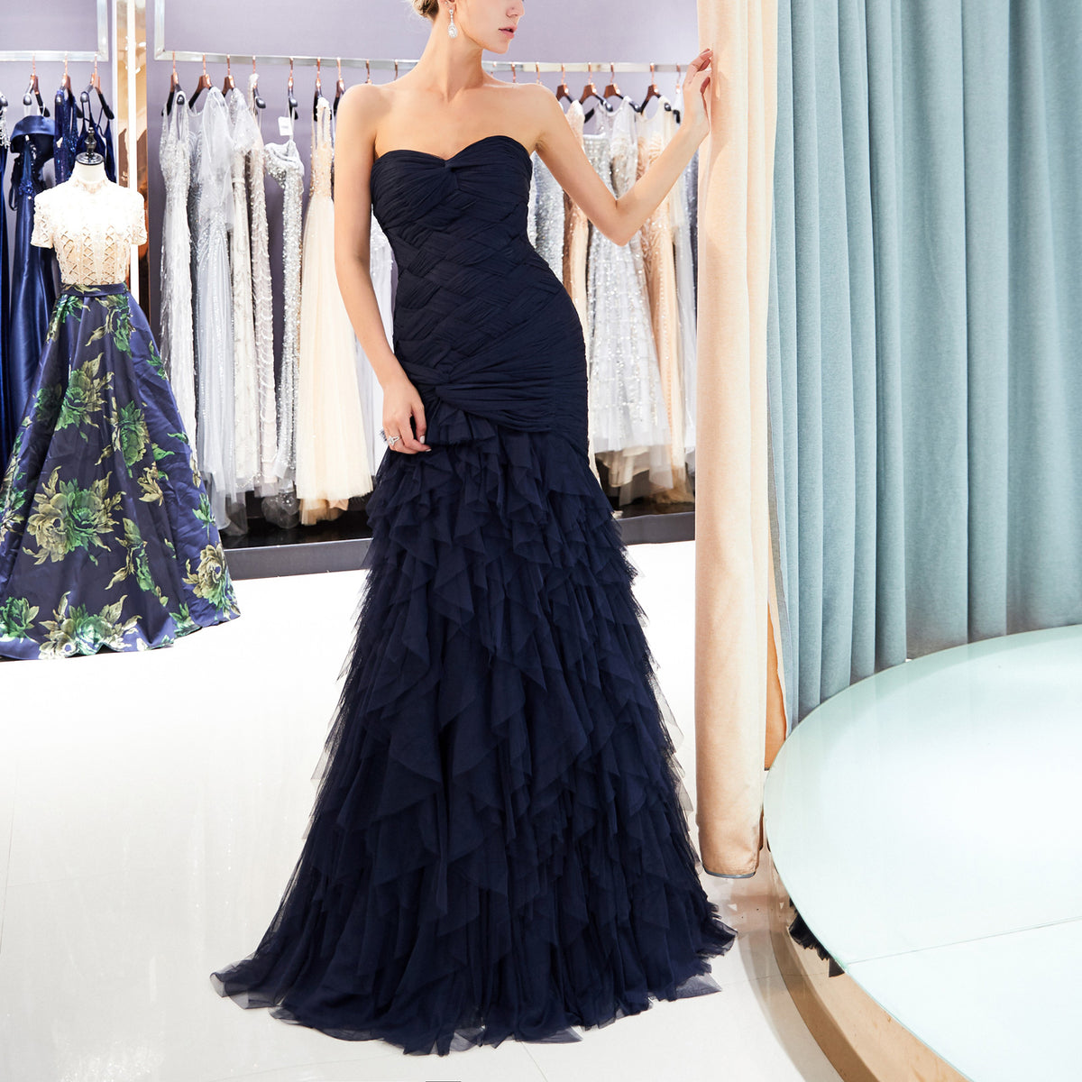 7-Day Dispatch Strapless Sweetheart Navy Blue Layered Tulle Mermaid Gown Ruched Bodice Lace-up Back Prom Dress