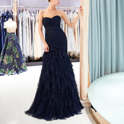 7-Day Dispatch Strapless Sweetheart Navy Blue Layered Tulle Mermaid Gown Ruched Bodice Lace-up Back Prom Dress
