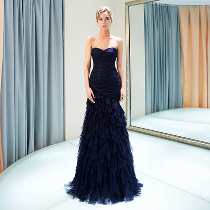 7-Day Dispatch Strapless Sweetheart Navy Blue Layered Tulle Mermaid Gown Ruched Bodice Lace-up Back Prom Dress