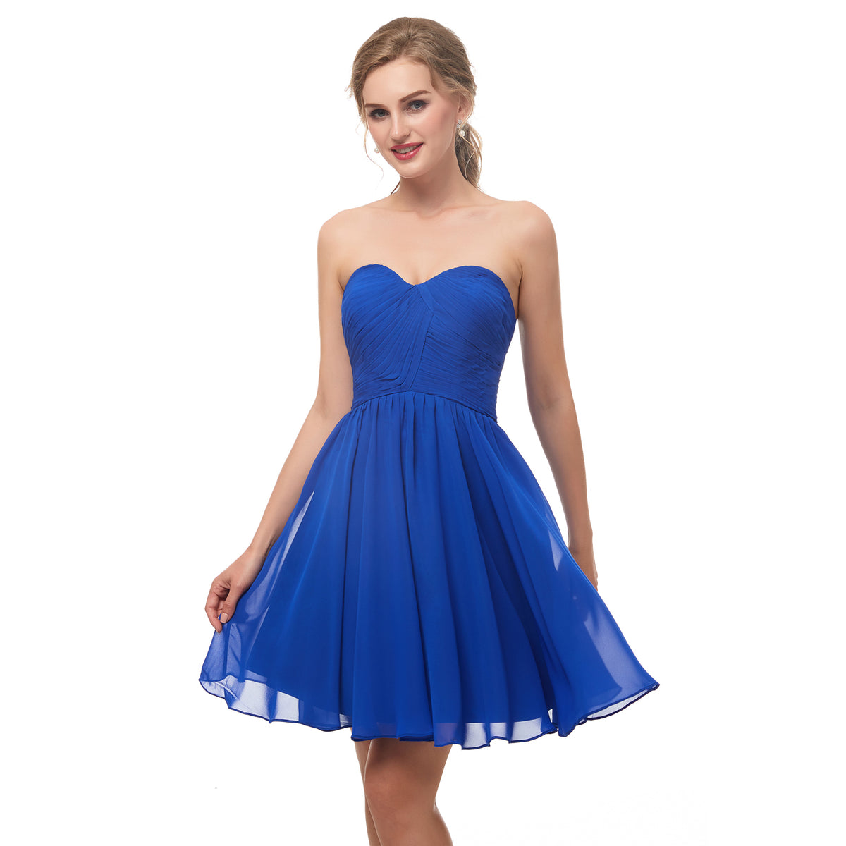 7-Day Dispatch Strapless Sweetheart Royal Blue Chiffon A-Line Short Cocktail Dress Ruched Bodice Party Gown