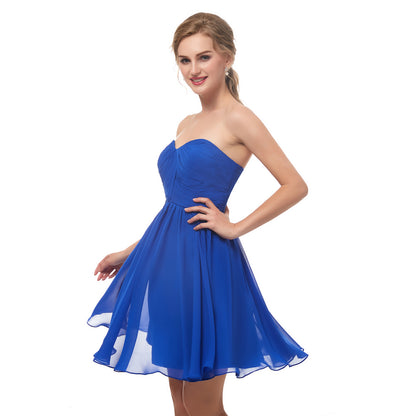 7-Day Dispatch Strapless Sweetheart Royal Blue Chiffon A-Line Short Cocktail Dress Ruched Bodice Party Gown