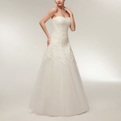 7-Day Dispatch Strapless Sweetheart White Lace Tulle A-Line Wedding Dress Open Back Hidden Zipper Bridal Gown
