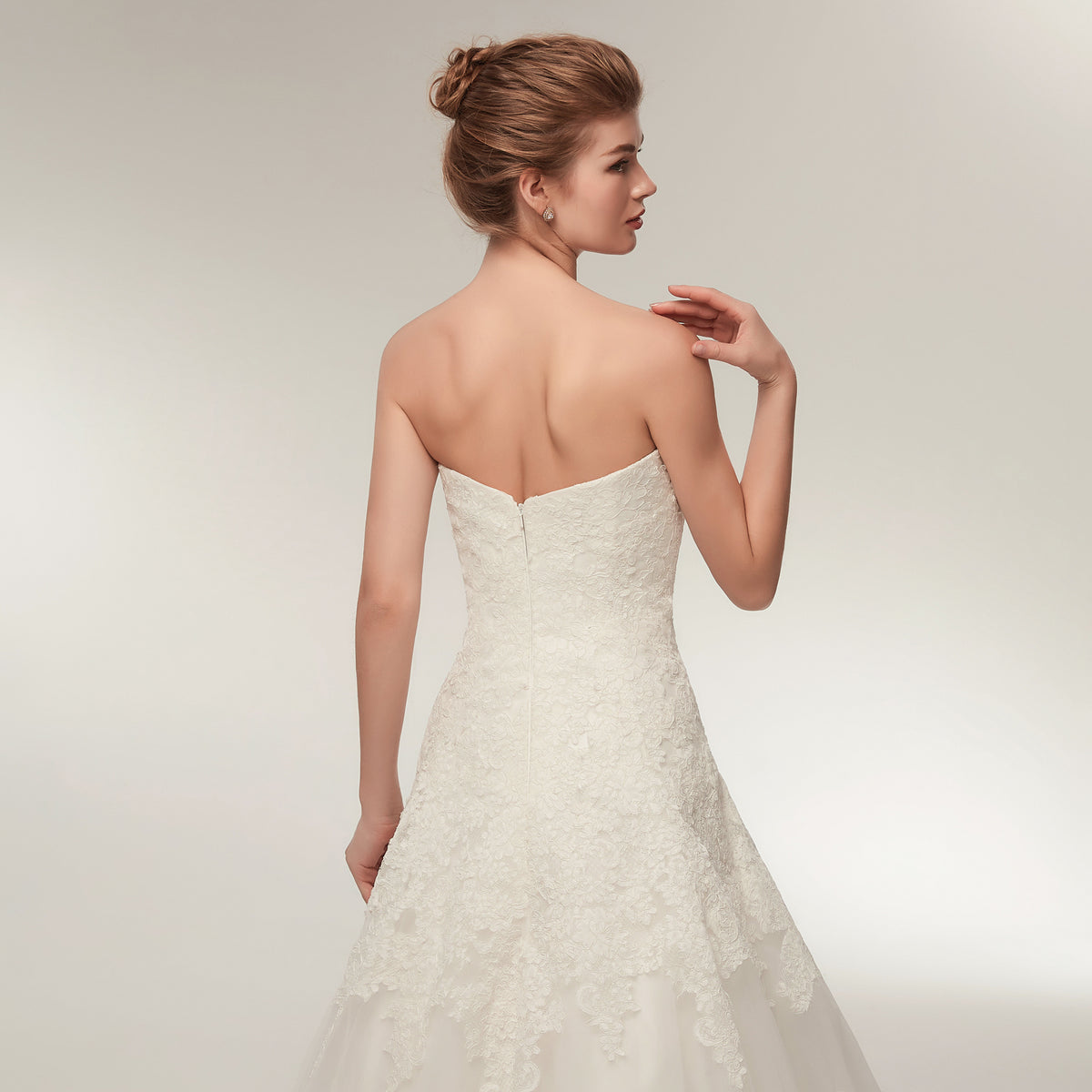 7-Day Dispatch Strapless Sweetheart White Lace Tulle A-Line Wedding Dress Open Back Hidden Zipper Bridal Gown