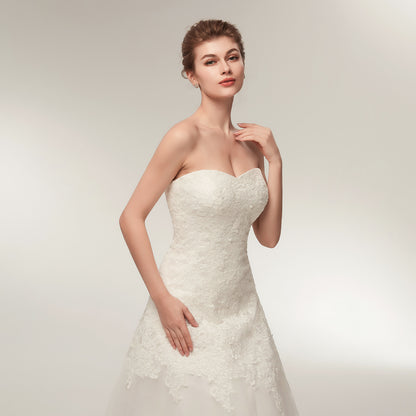 7-Day Dispatch Strapless Sweetheart White Lace Tulle A-Line Wedding Dress Open Back Hidden Zipper Bridal Gown