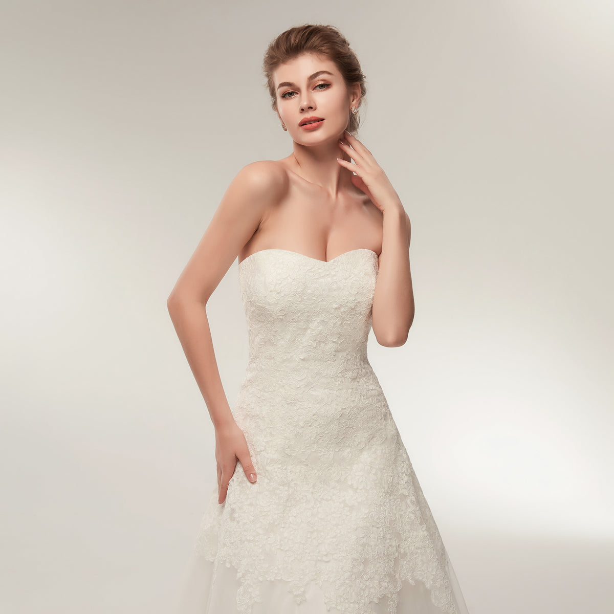 7-Day Dispatch Strapless Sweetheart White Lace Tulle A-Line Wedding Dress Open Back Hidden Zipper Bridal Gown