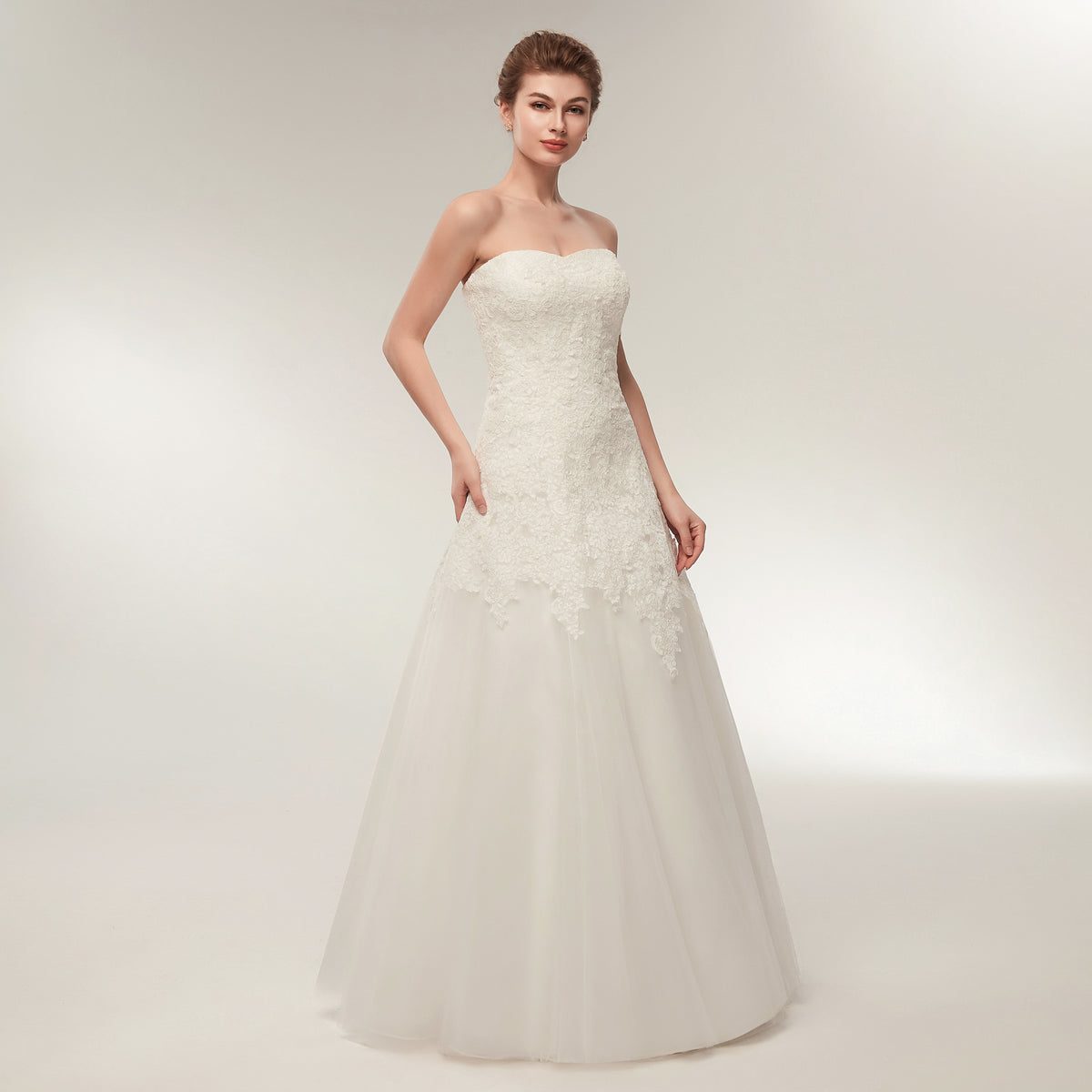 7-Day Dispatch Strapless Sweetheart White Lace Tulle A-Line Wedding Dress Open Back Hidden Zipper Bridal Gown
