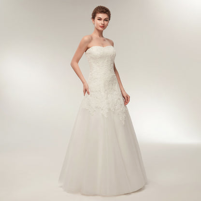 7-Day Dispatch Strapless Sweetheart White Lace Tulle A-Line Wedding Dress Open Back Hidden Zipper Bridal Gown