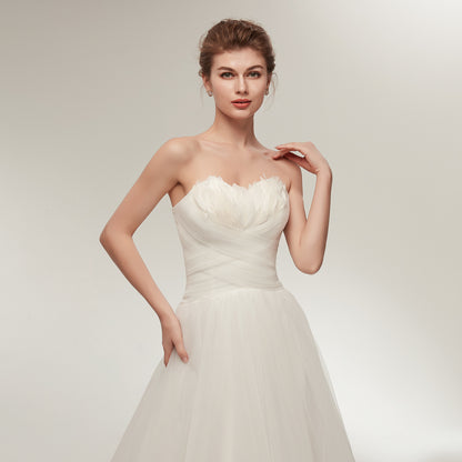 7-Day Dispatch Strapless Sweetheart White Tulle A-Line Wedding Dress Lace-up Back Sweeping Train Bridal Gown