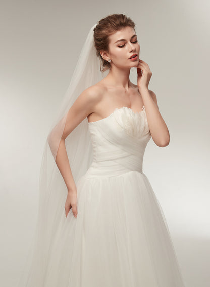 7-Day Dispatch Strapless Sweetheart White Tulle A-Line Wedding Dress Lace-up Back Sweeping Train Bridal Gown